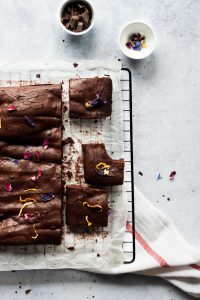 baked and sliced dark chocolate brownie